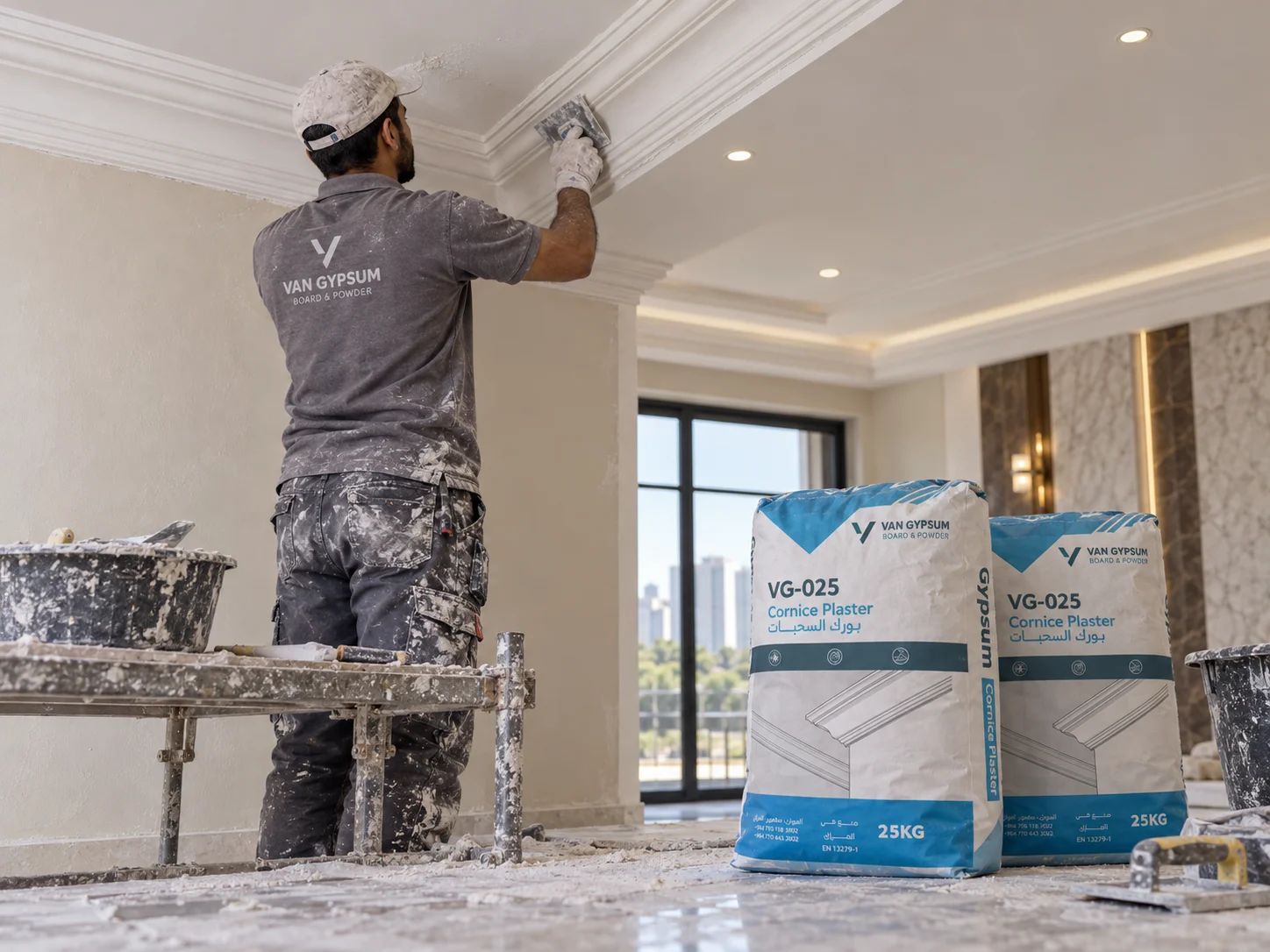 Cornice plaster application