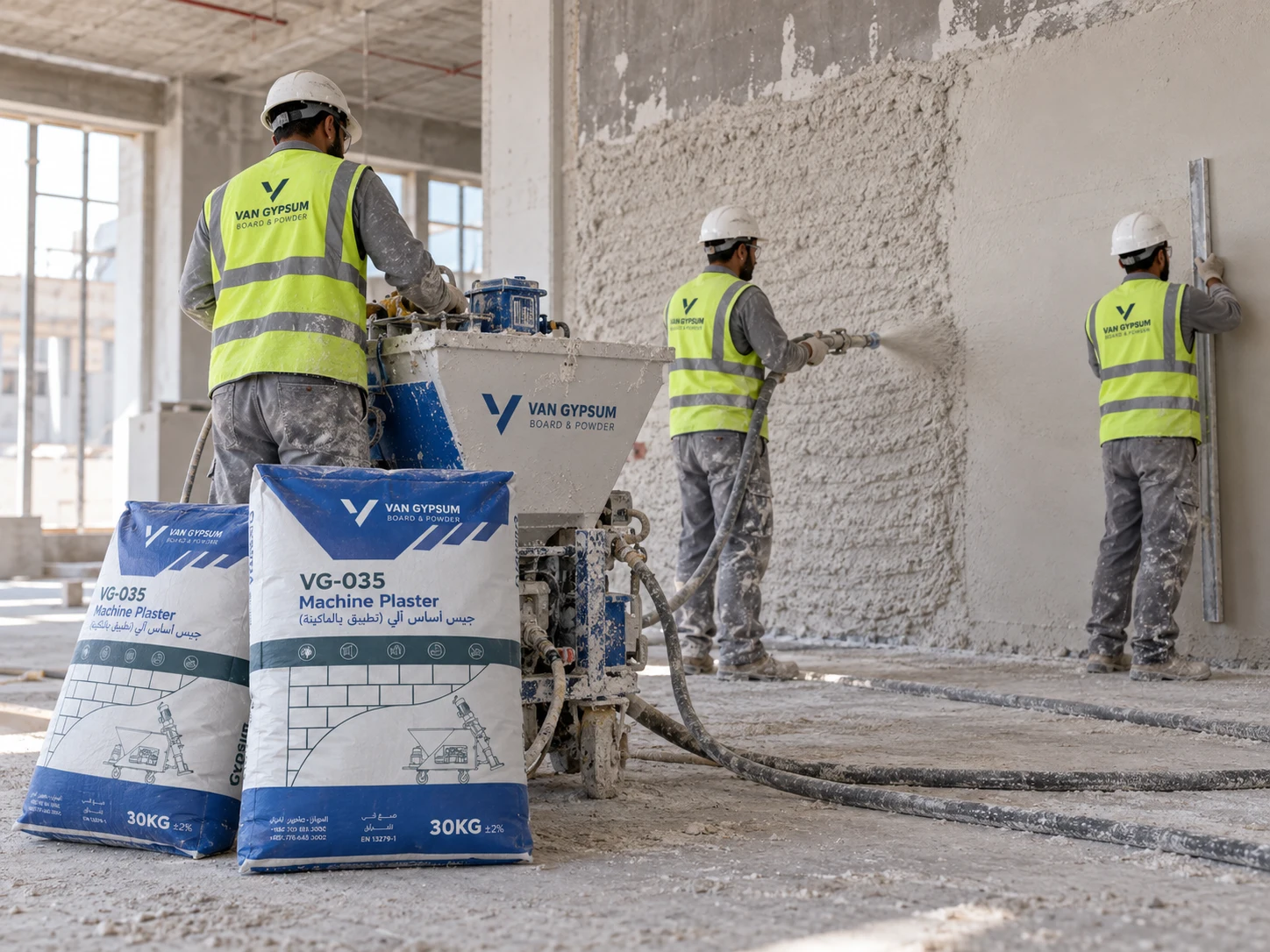 Machine plaster being sprayed and levelled on an interior wall