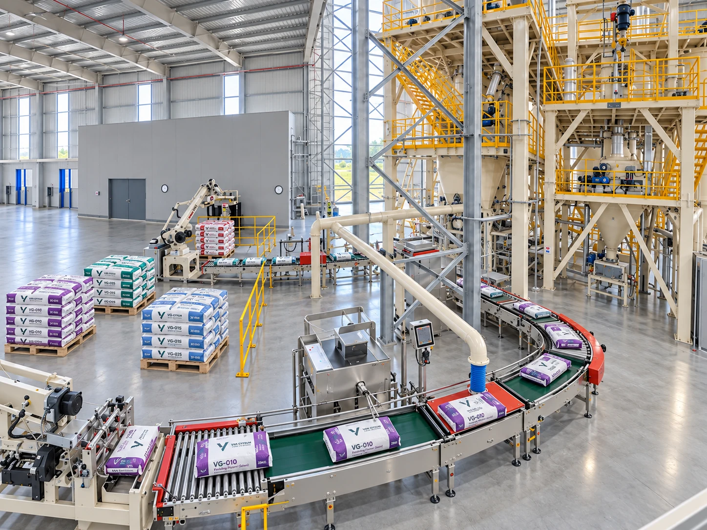 Overview of gypsum plaster packing equipment and pallet handling